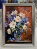 Bouquet of White flowers in a blue vase on red. Still life. xs