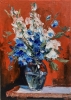 Bouquet of White flowers and bluebells in a blue vase on red. Still life.