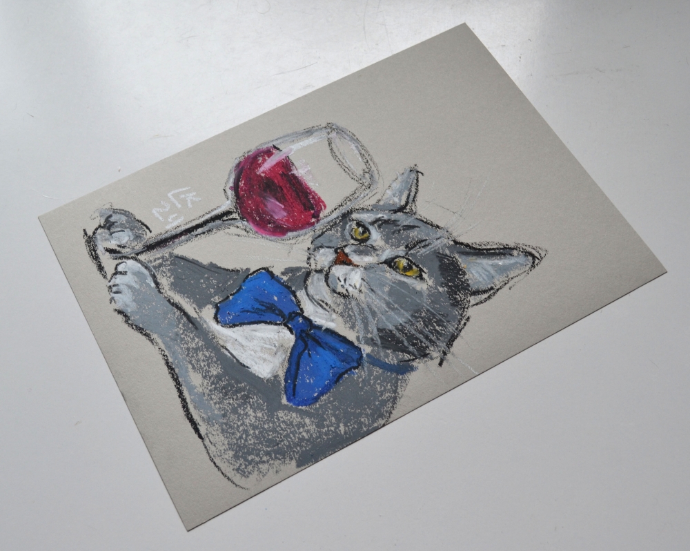 Quirky cat with red wine and bow tie