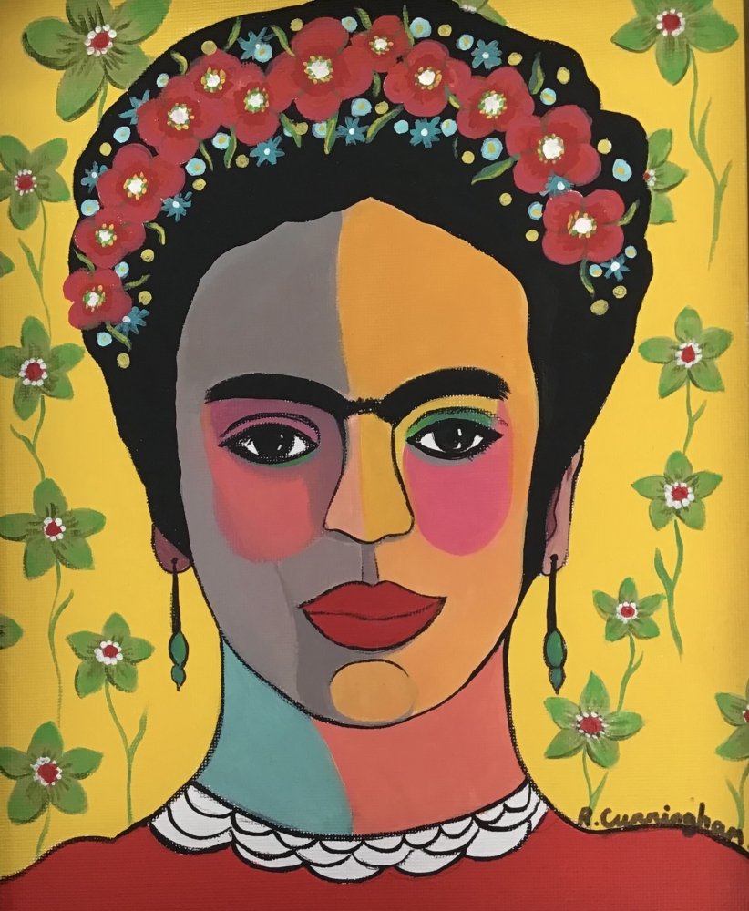 Frida with red flowers