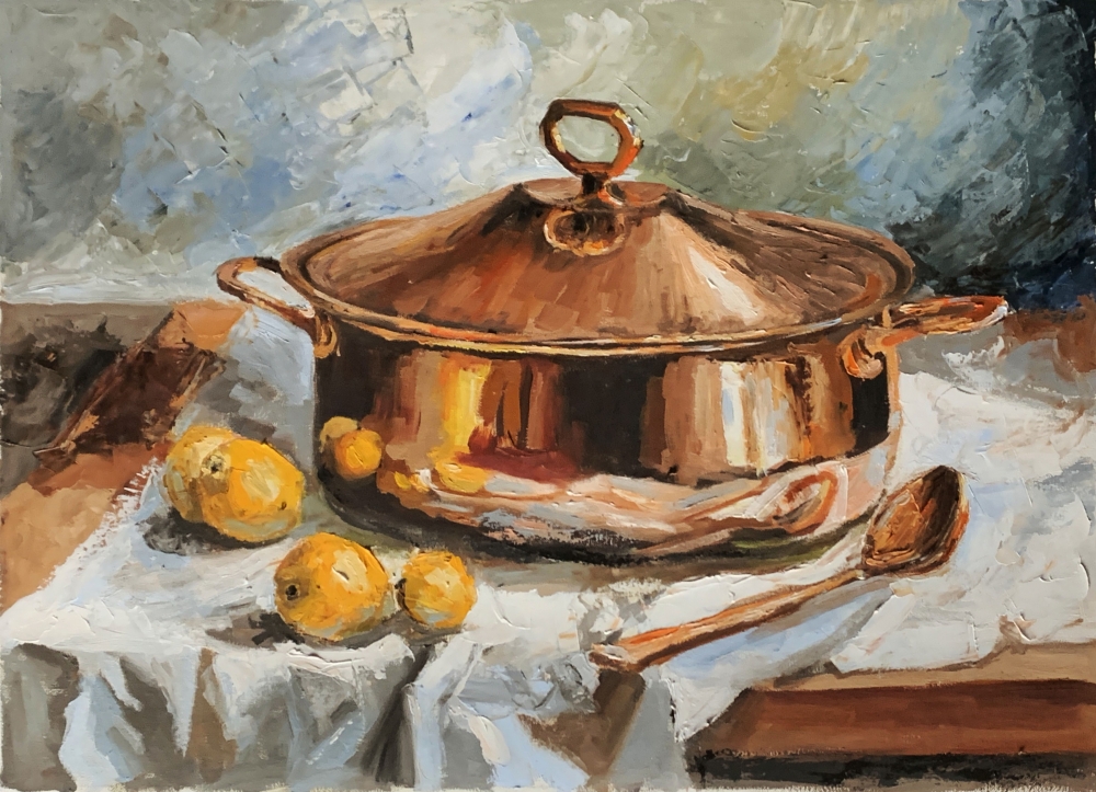 Still life with Copper Pot and lemons.