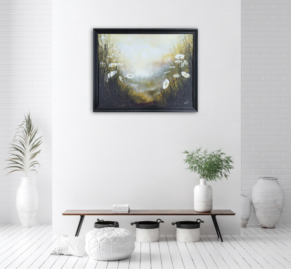 Misty Sunset Daisy painting Framed