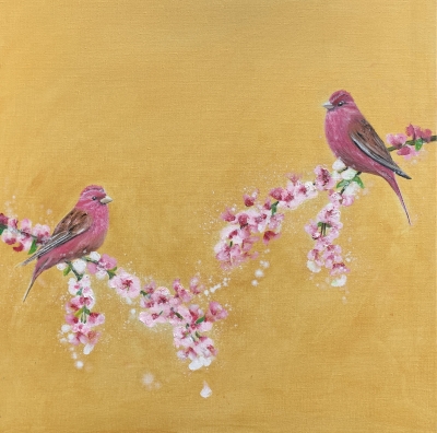 Rosefinches and Cherry Blossom on Gold