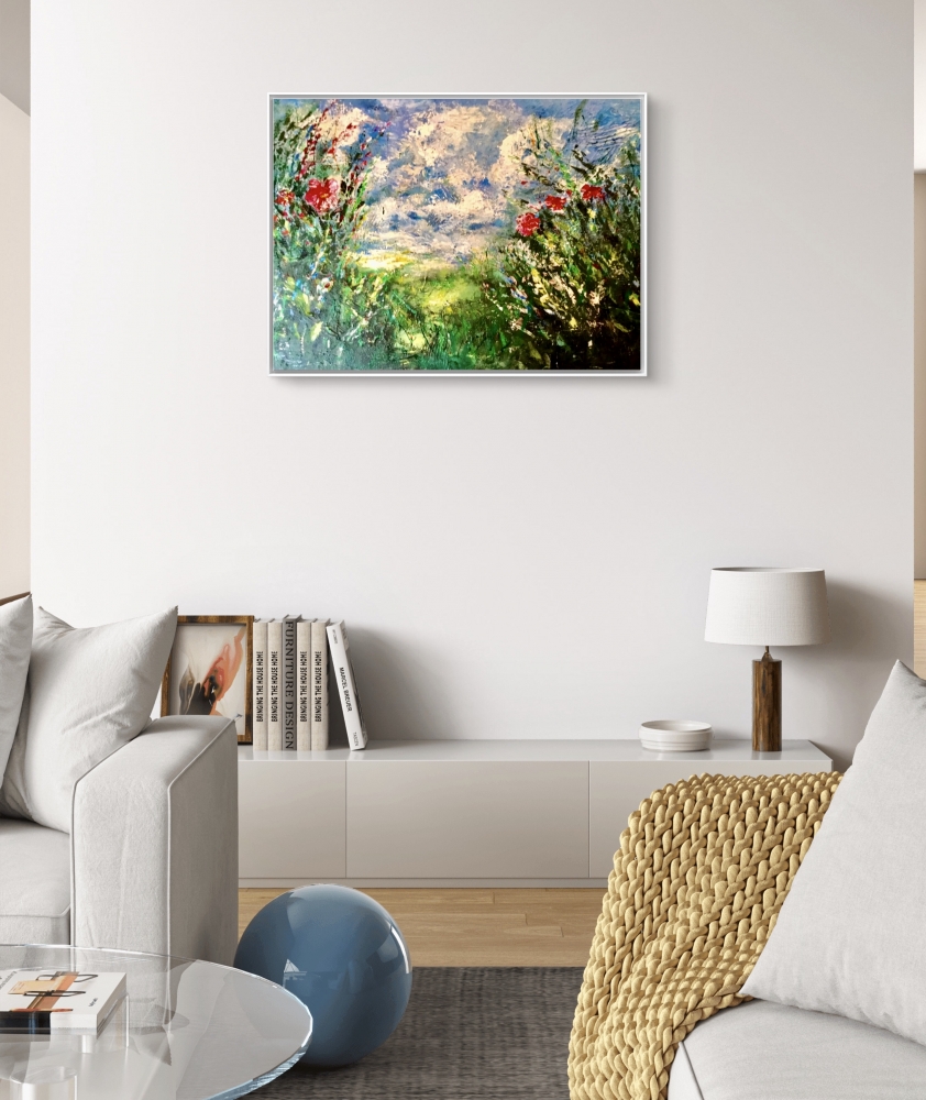 Red Flowers at Sunset – Textured Acrylic Painting on Canvas