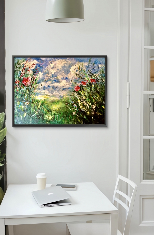 Red Flowers at Sunset – Textured Acrylic Painting on Canvas
