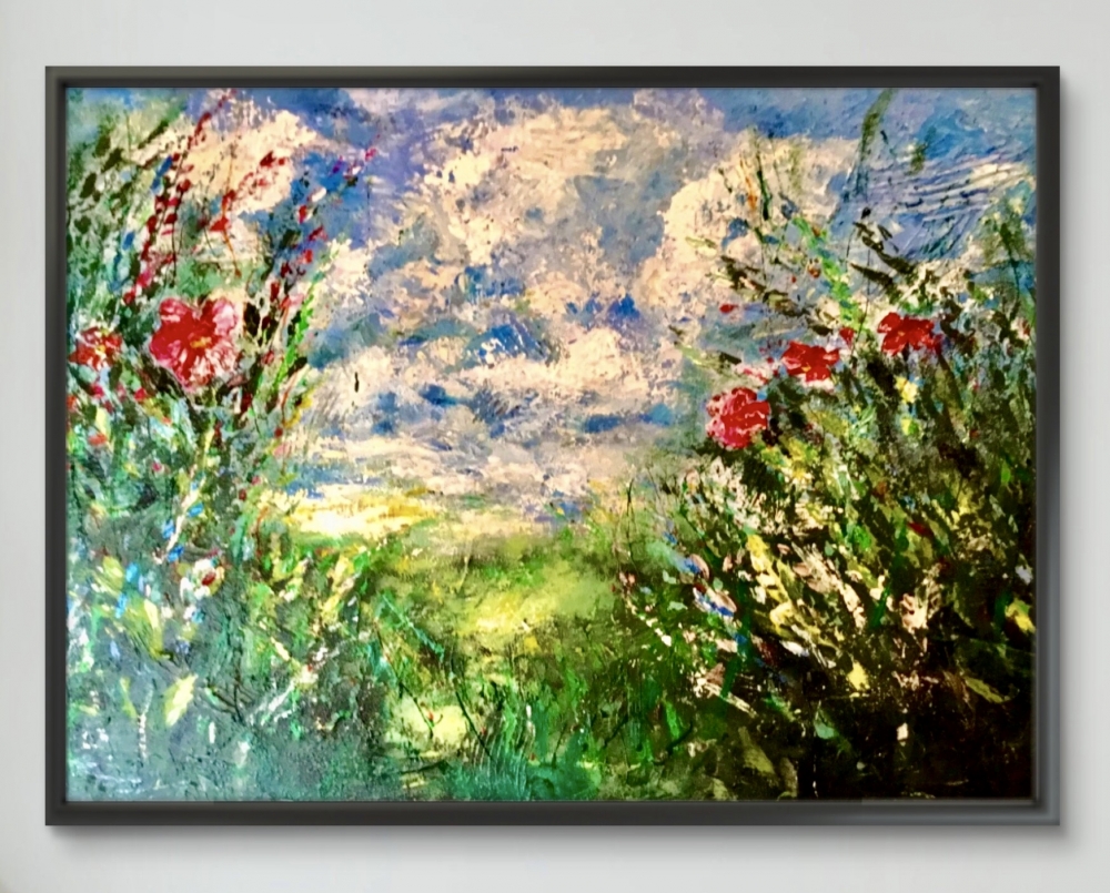 Red Flowers at Sunset – Textured Acrylic Painting on Canvas