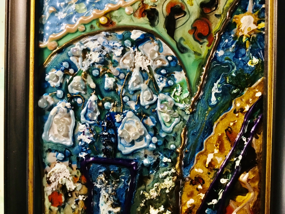 Snowdrops Fantasy Abstract Painting on Glass | Mixed Media Art with Natural Stones | Unique Gift 