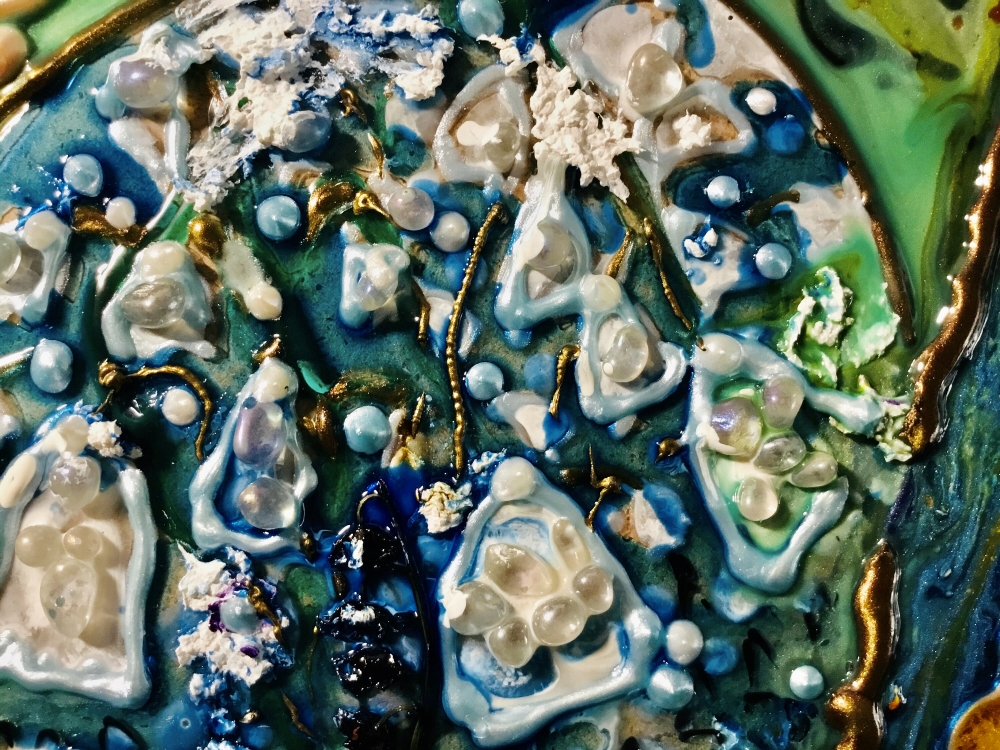 Snowdrops Fantasy Abstract Painting on Glass | Mixed Media Art with Natural Stones | Unique Gift 