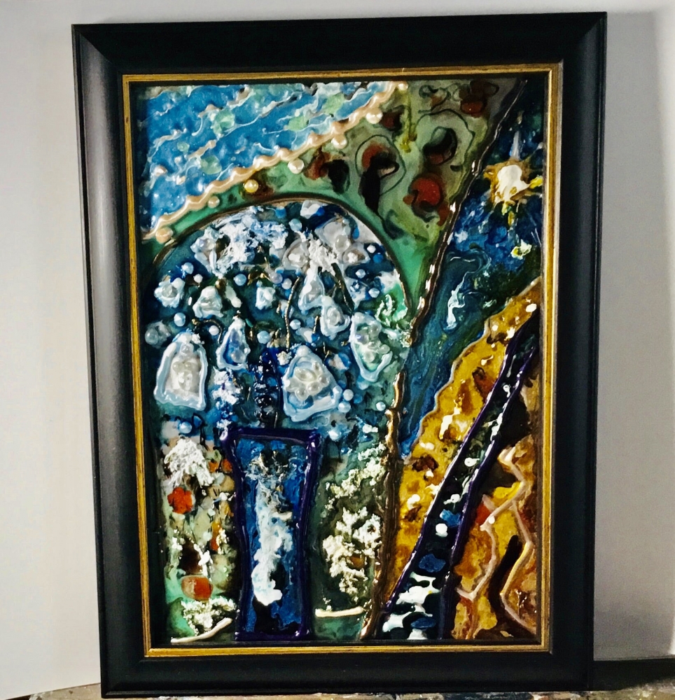 Snowdrops Fantasy Abstract Painting on Glass | Mixed Media Art with Natural Stones | Unique Gift 