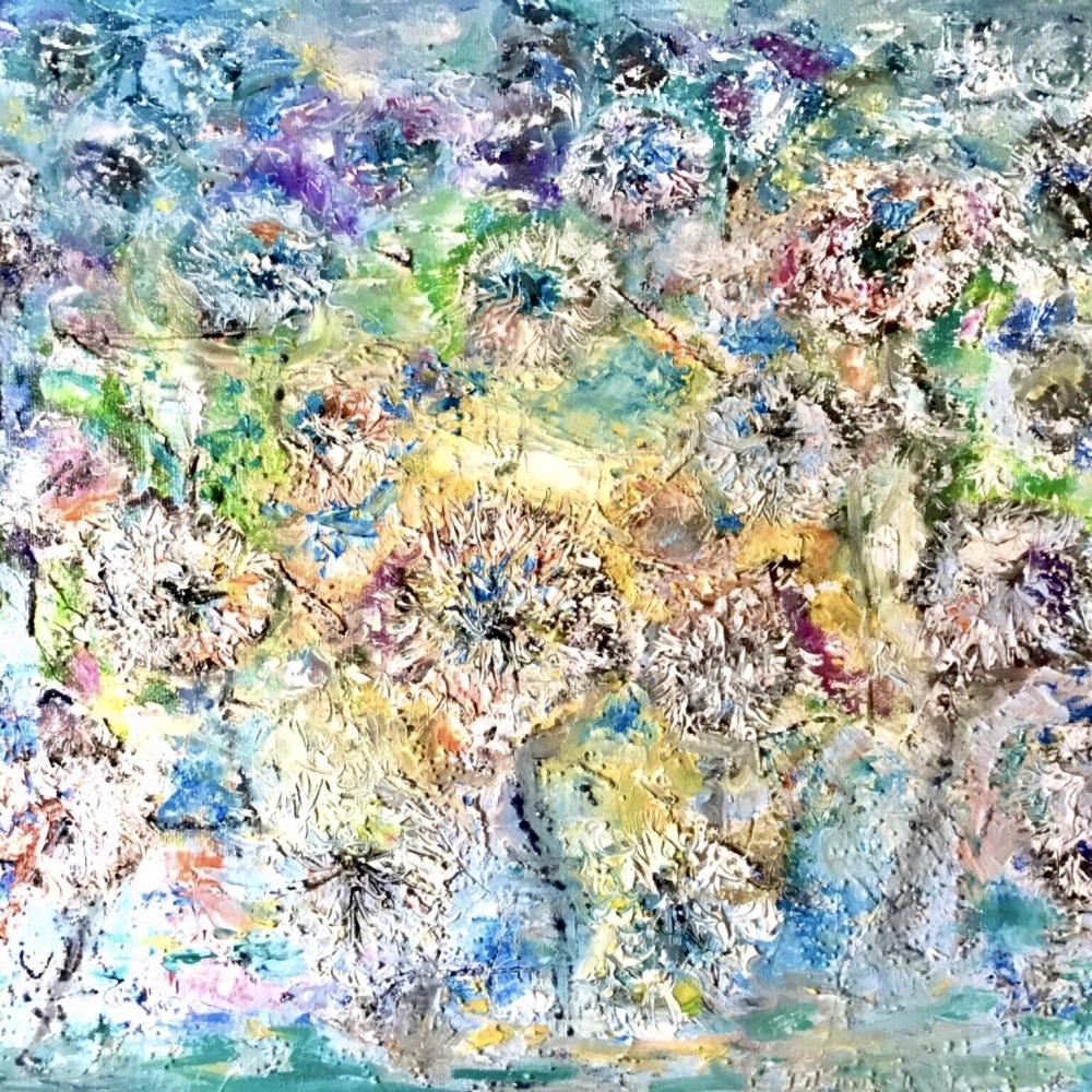 Original Dandelions Abstract Oil Painting - Textured Mixed Media Background, Handmade Wall Art, 30x40 cm (11.8x15.7 inches), Not Framed