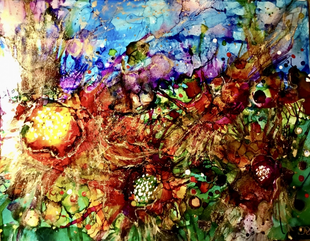 Fantasy Flower Garden, Colorful Abstract Alcohol Ink Mixed Media Art
