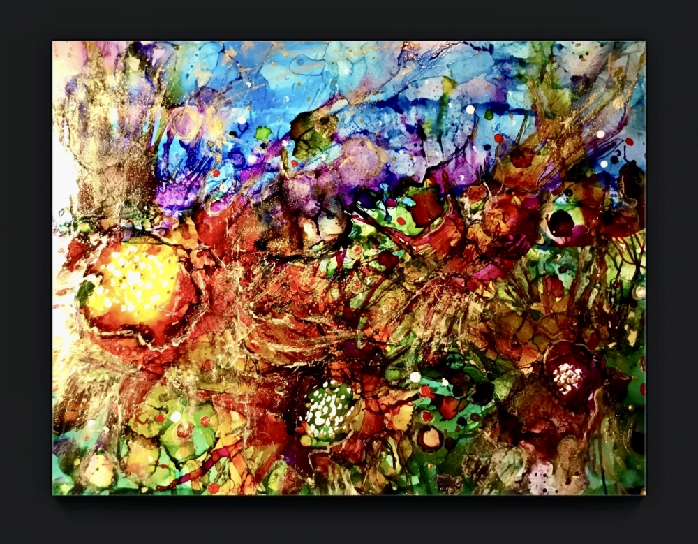 Fantasy Flower Garden, Colorful Abstract Alcohol Ink Mixed Media Art