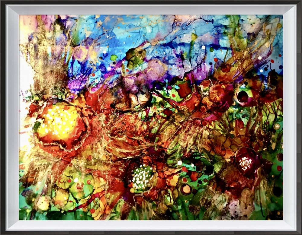 Fantasy Flower Garden, Colorful Abstract Alcohol Ink Mixed Media Art