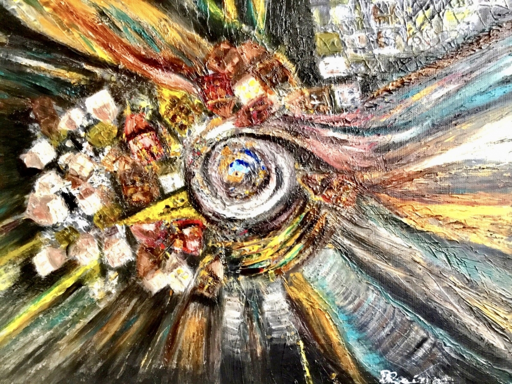 Cosmic Drift – Original Surreal Oil Painting of Floating Houses in Space