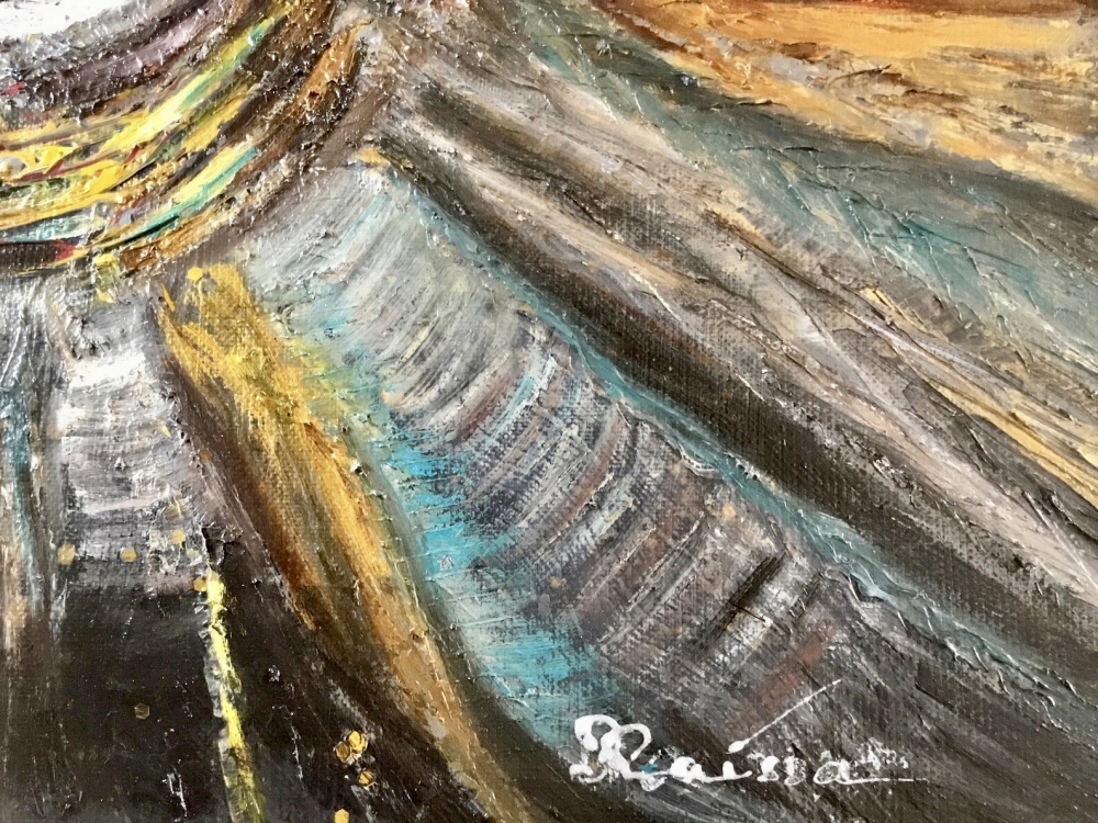 Cosmic Drift – Original Surreal Oil Painting of Floating Houses in Space