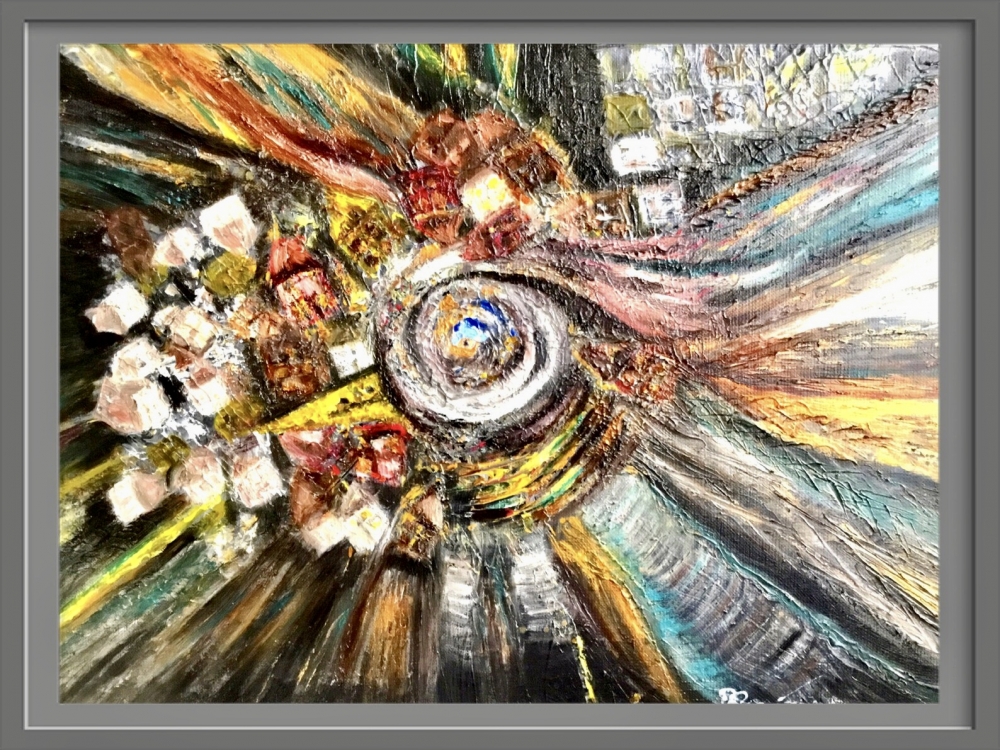 Cosmic Drift – Original Surreal Oil Painting of Floating Houses in Space