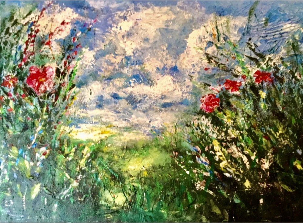 Red Flowers at Sunset – Textured Acrylic Painting on Canvas