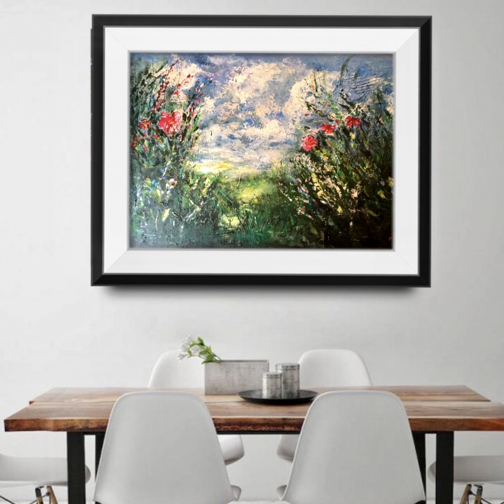 Red Flowers at Sunset – Textured Acrylic Painting on Canvas