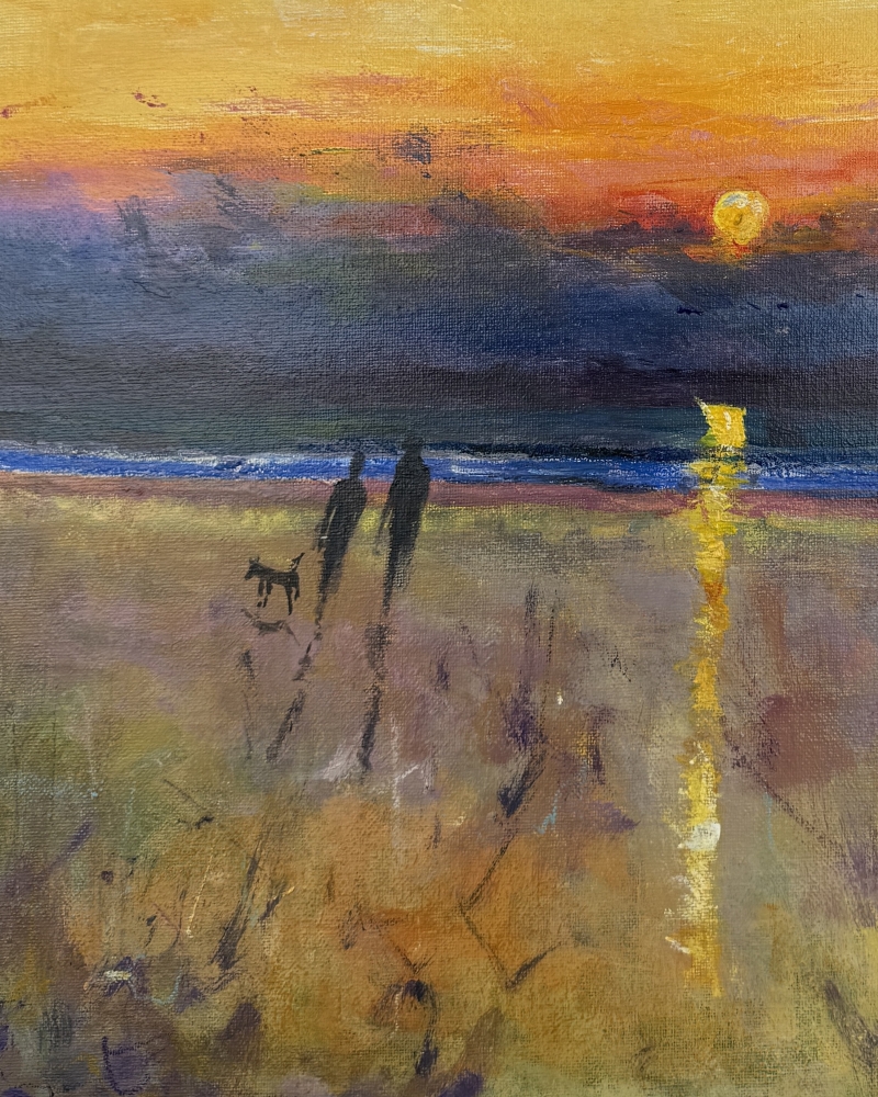 Seaside stroll with the dog, evening sunset