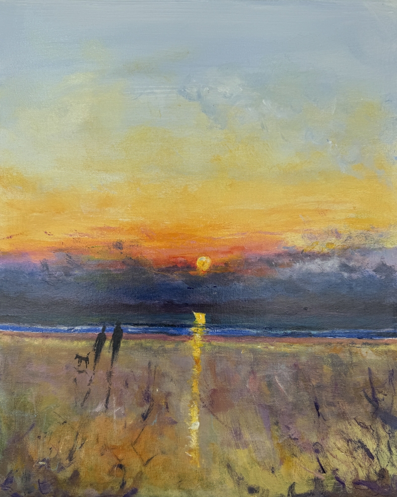 Seaside stroll with the dog, evening sunset