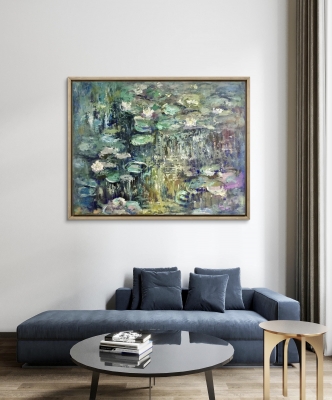 Waterlilies Pond Oil Painting – Monet Inspired Impressionist Art – Large 70×90 cm Unstretched Canvas