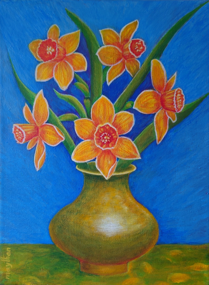 Daffodils in a copper vase 
