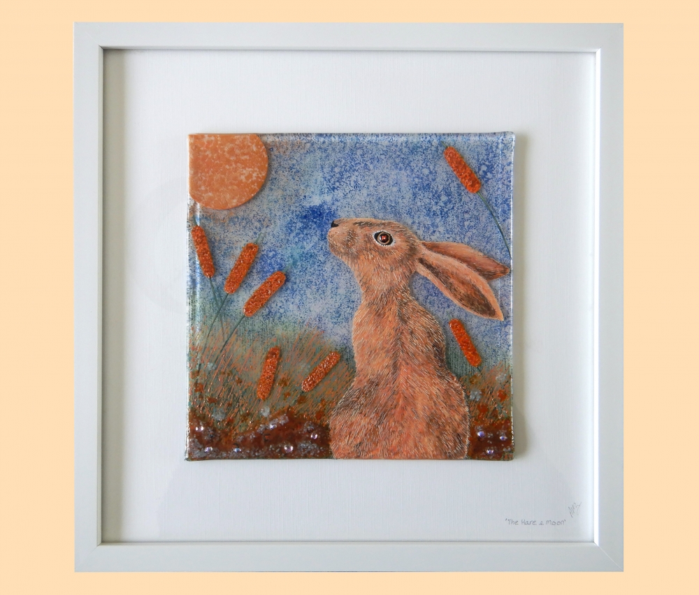 Handmade Fused Glass 'Hare & Moon' Picture.