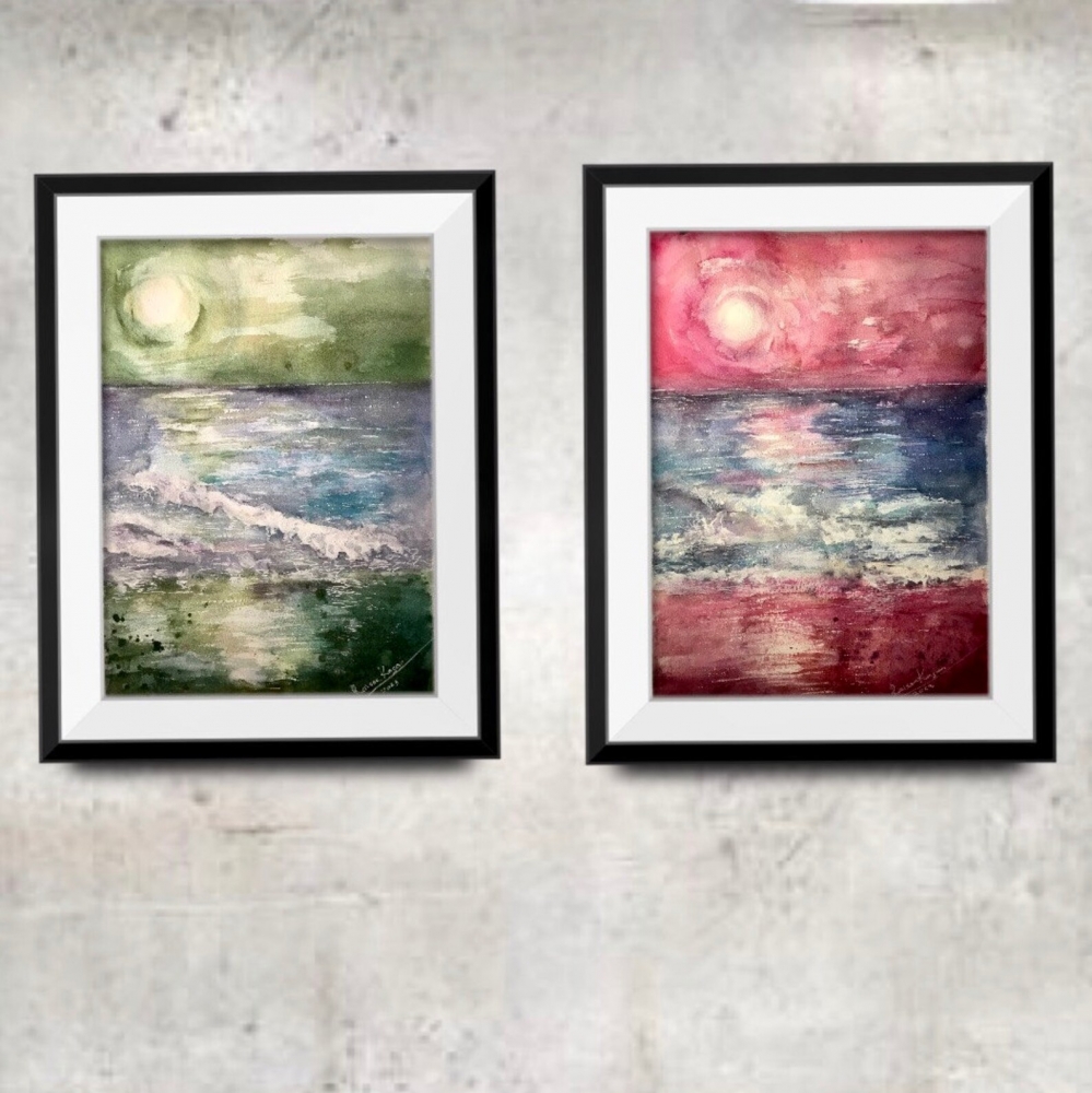 Set of 2 Original Watercolor Paintings | Pink & Green Sunset Landscapes 