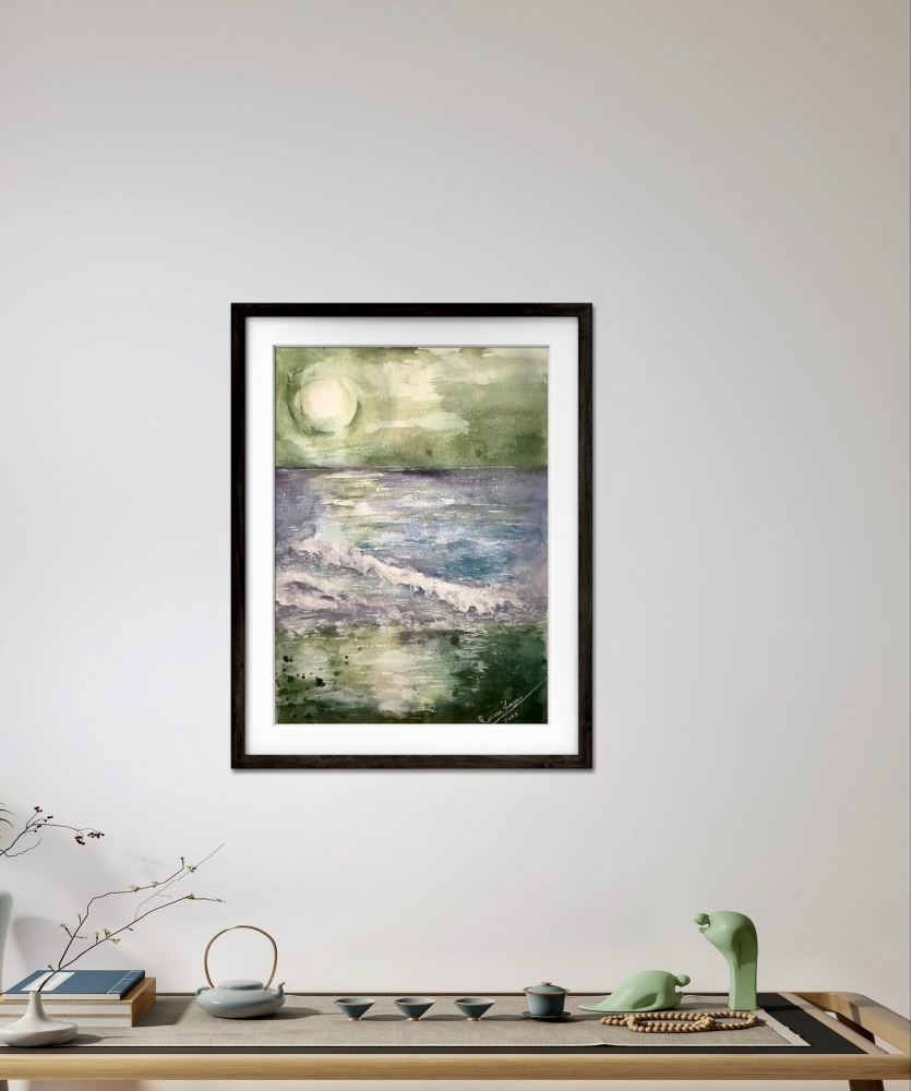 Set of 2 Original Watercolor Paintings | Pink & Green Sunset Landscapes 