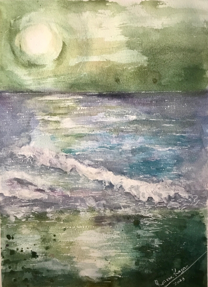 Set of 2 Original Watercolor Paintings | Pink & Green Sunset Landscapes 