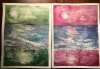 Set of 2 Original Watercolor Paintings | Pink & Green Sunset Landscapes 