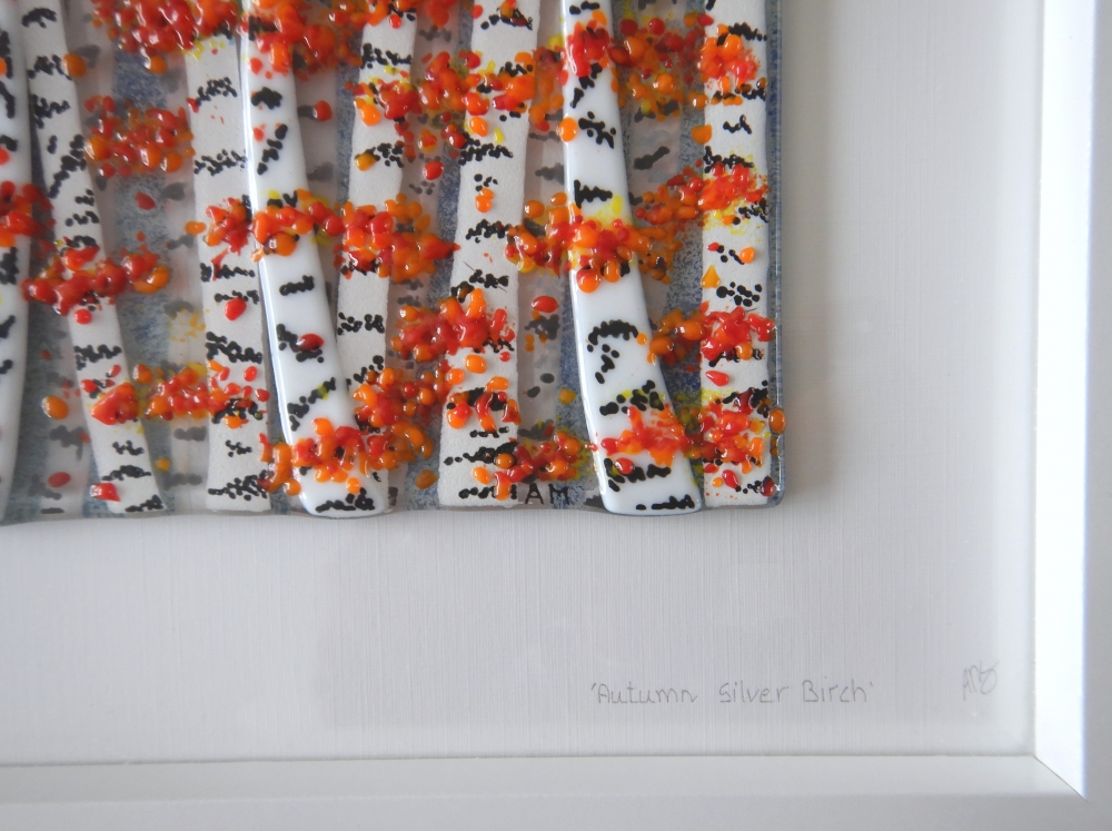 Artist made Fused Glass Autumn Silver birch Trees Picture