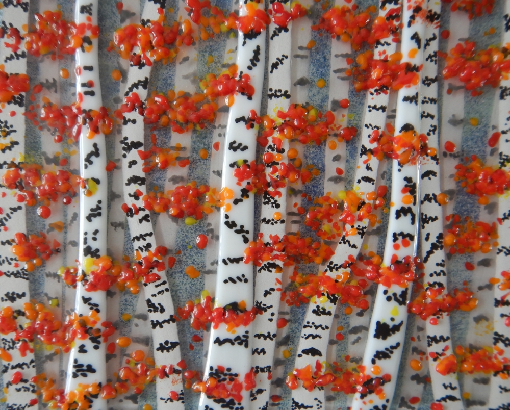 Artist made Fused Glass Autumn Silver birch Trees Picture