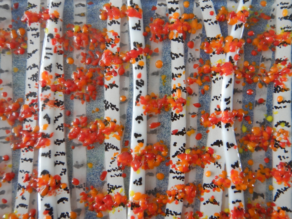 Artist made Fused Glass Autumn Silver birch Trees Picture