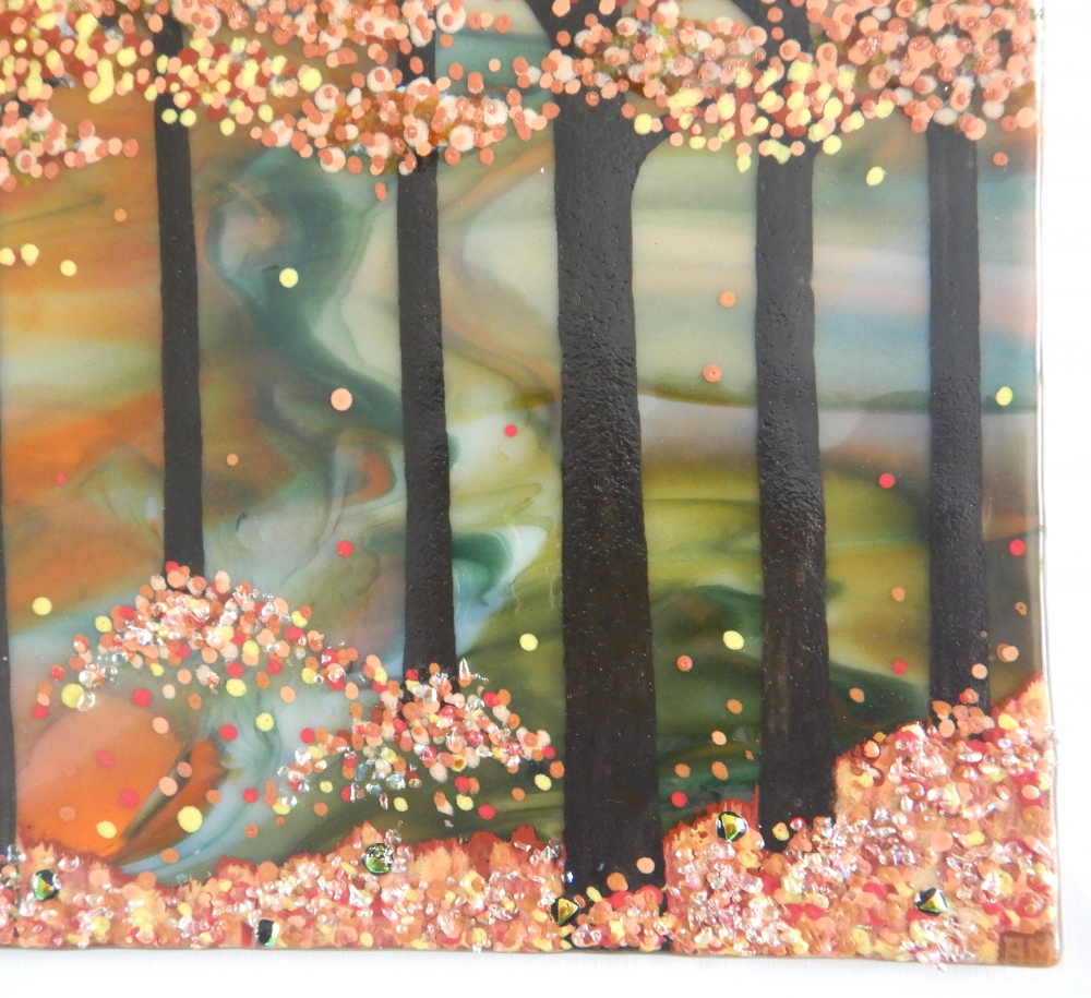 Artist made Fused Glass Autumn Trees Picture