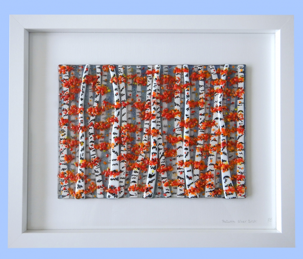 Artist made Fused Glass Autumn Silver birch Trees Picture