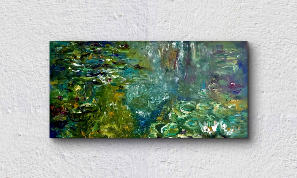 Pond of Serenity Original Monet-Inspired Lilies Pond Impasto Painting, 40x80 cm, Stretched Canvas