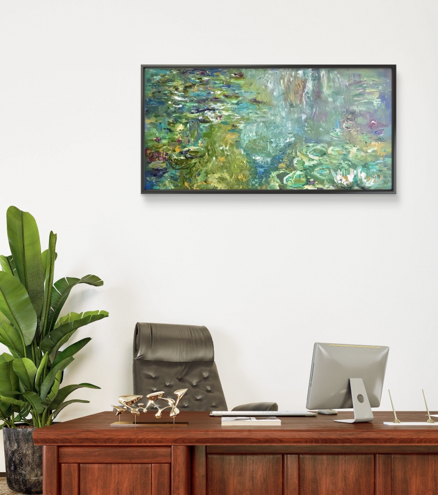 Pond of Serenity Original Monet-Inspired Lilies Pond Impasto Painting, 40x80 cm, Stretched Canvas
