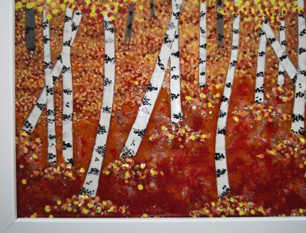 Artist made Fused Glass Autumn Silver birch Trees Picture