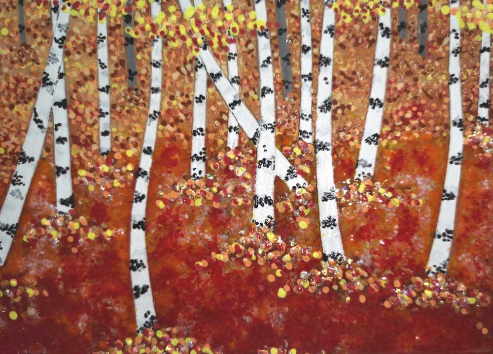 Artist made Fused Glass Autumn Silver birch Trees Picture
