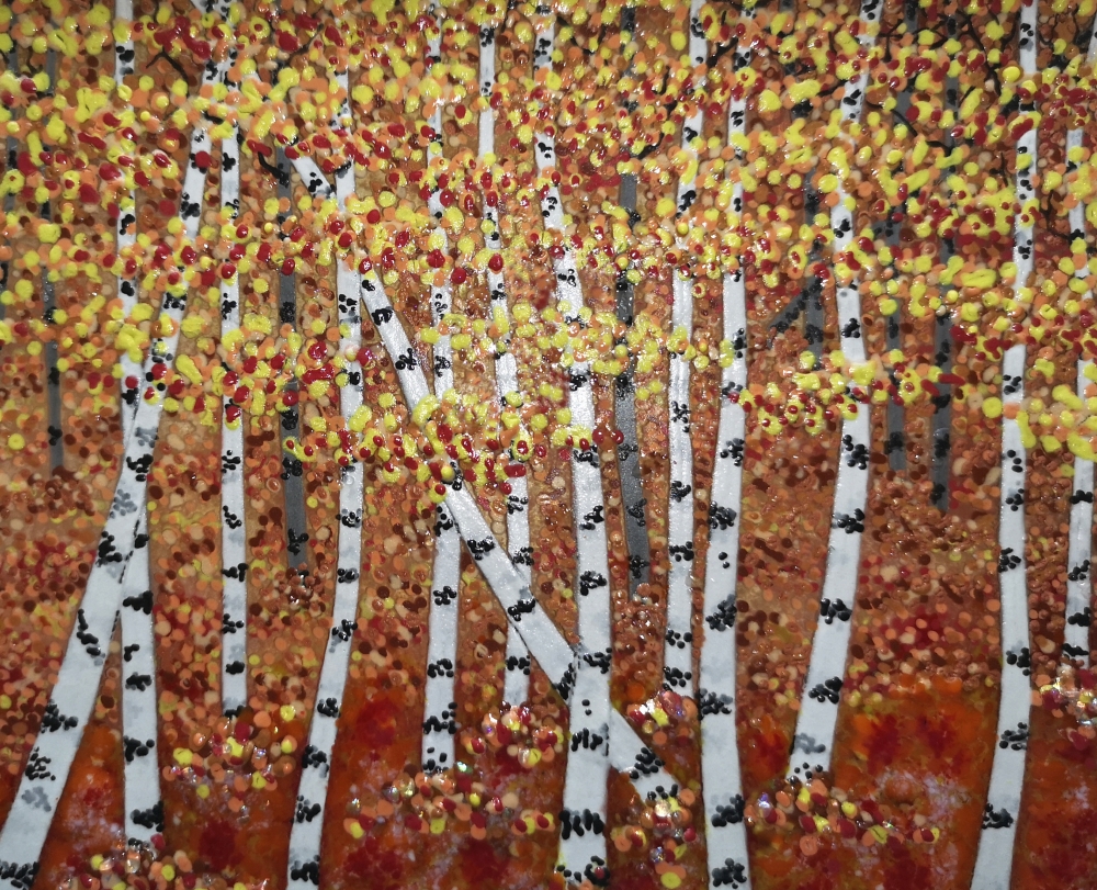 Artist made Fused Glass Autumn Silver birch Trees Picture