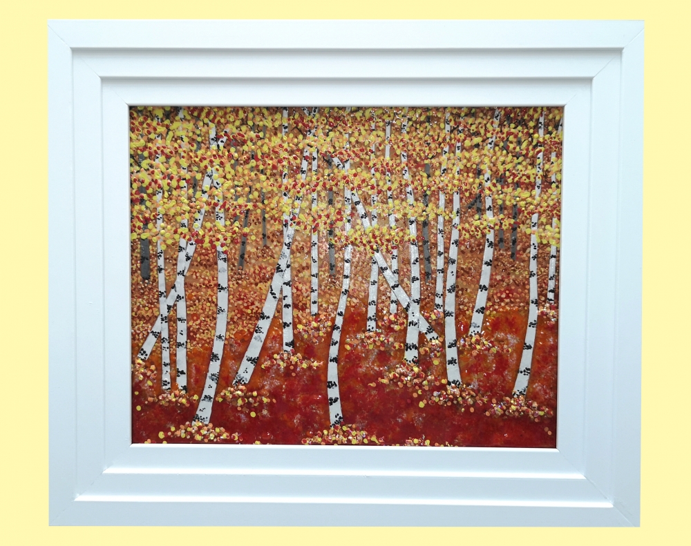 Artist made Fused Glass Autumn Silver birch Trees Picture