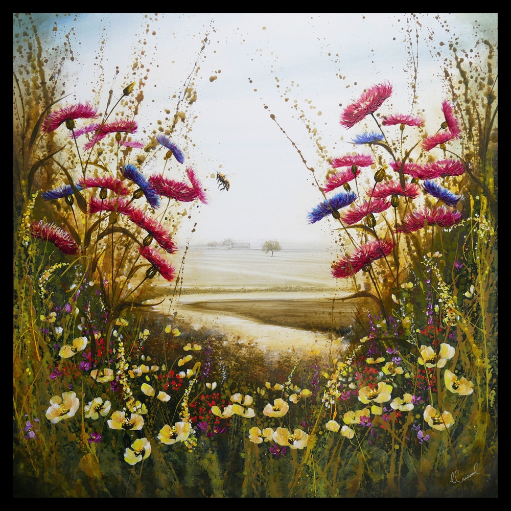 Glorious Cornflowers and Bee Landscape framed 