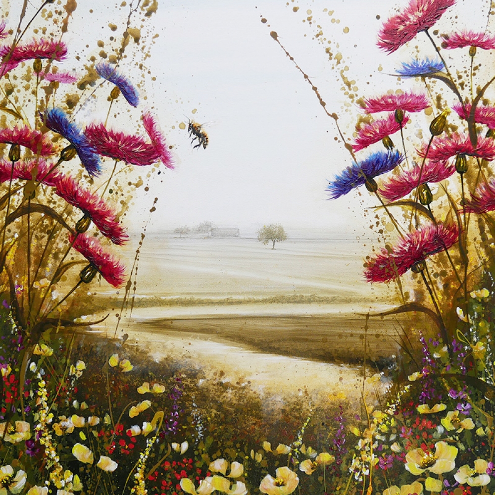Glorious Cornflowers and Bee Landscape framed 