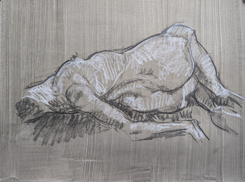 Female lying, March 2023, A3, Charcoal on Wash