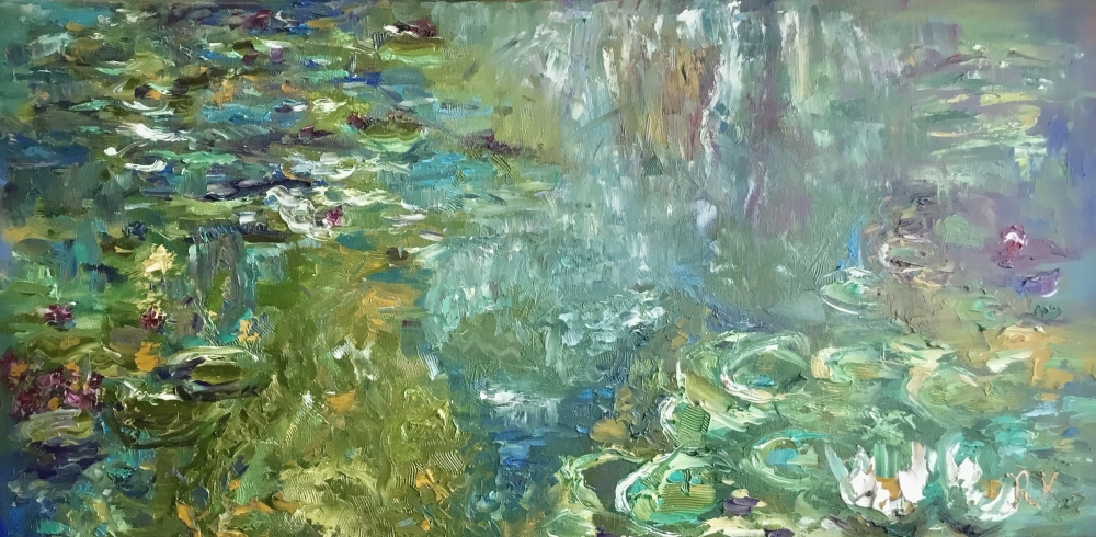 Pond of Serenity Original Monet-Inspired Lilies Pond Impasto Painting, 40x80 cm, Stretched Canvas