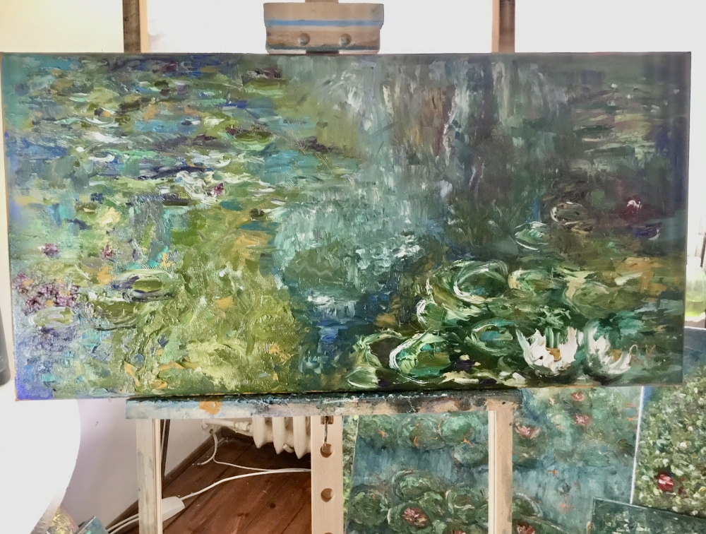 Pond of Serenity Original Monet-Inspired Lilies Pond Impasto Painting, 40x80 cm, Stretched Canvas