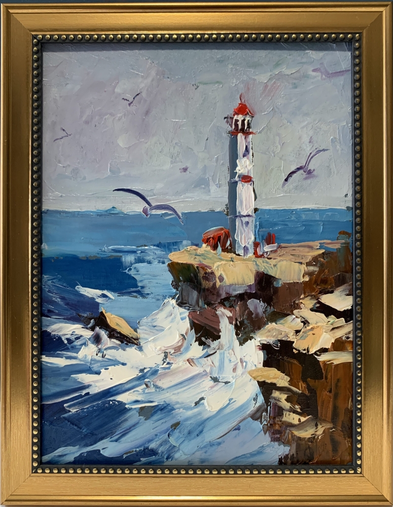 Seascape with lighthouse and waves