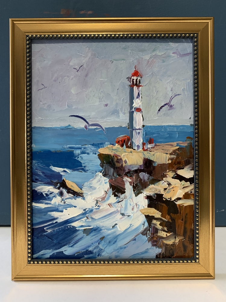 Seascape with lighthouse and waves