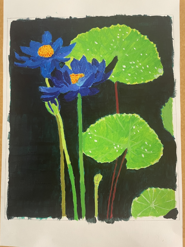 A pair of purplish-blue water lilies 